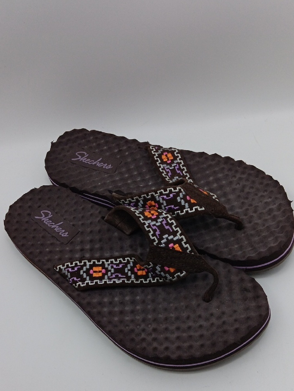 Skechers Women's Dark Brown Flip Flop Sandals with Purple and Orange Embroidery